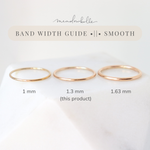 Three similar slim ring bands shown side-by-side for band width comparison. They are labeled 1 mm, 1.3 mm (this product) and 1.63 mm