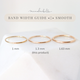 Three similar slim ring bands shown side-by-side for band width comparison. They are labeled 1 mm, 1.3 mm (this product) and 1.63 mm